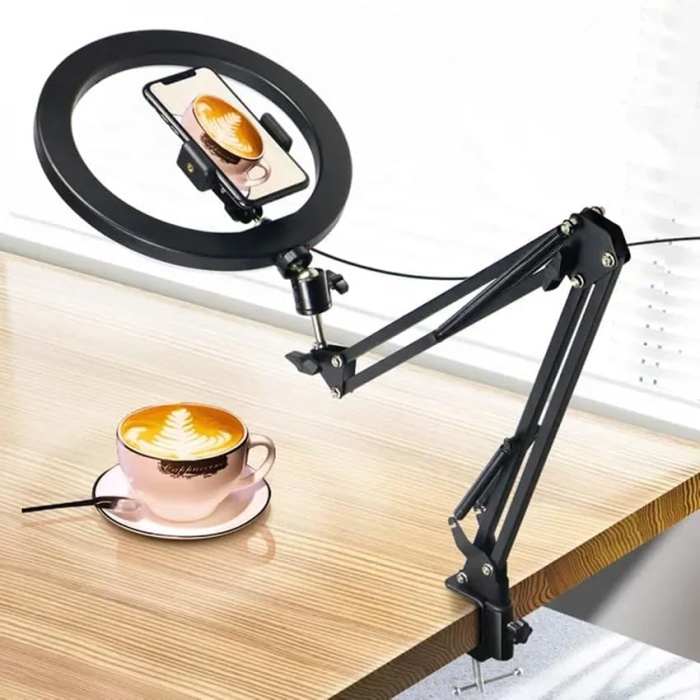Kıskaçlı 10 inch Youtuber LED Işıklı Halka Telefon Tutuculu Yüksekliği ve Açısı Ayarlanabilir 10 inch 26 cm Selfie Yayıncı Makyaj Işığı Masa Kenarına Monte Edilebilir HLK-012A