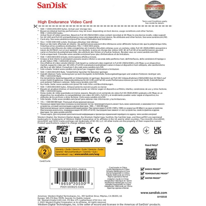 Çizgi Kamera ve Ev İzleme Sistemleri için Adaptörlü 512GB Yüksek Dayanıklılık Video microSDXC Kartı - C10, U3, V30, 4K UHD, Micro SD Kart - SDSQQNR-512G-GN6IA
