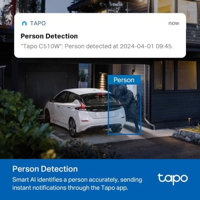 Tapo C510W, 2K Dış Mekan Wi-Fi Güvenlik Kamerası, Hareket Tespit/Takibi , 360°, IP65 Su Geçirmez, Renkli Gece Görüşü, Çift Yönlü Ses, Bulut/Yerel Depolama, Sesli ve Işıklı Alarm