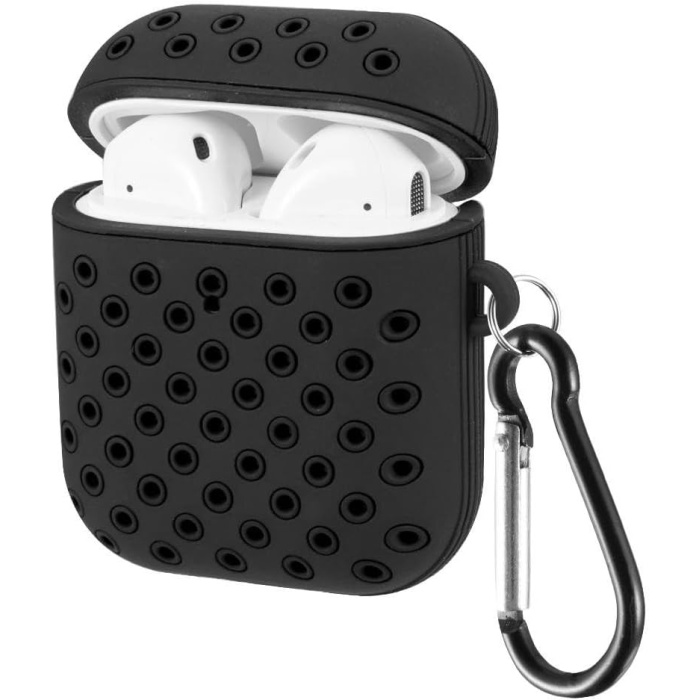 Airpods 1/2 Nesil Delikli Spor Premium Silikon Kılıf + Karabina Klipsli, Tam Koruma ve Stil Sunan Ergonomik Tasarım (Siyah-Siyah)