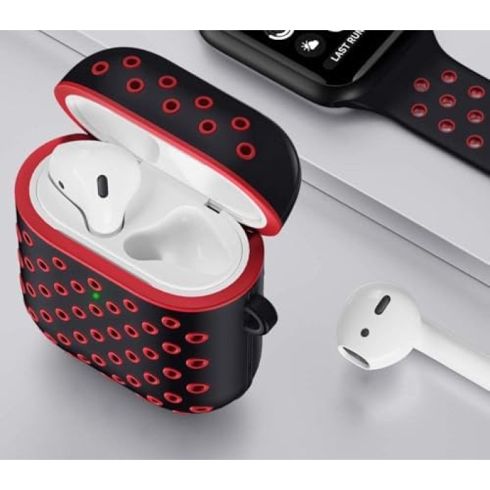Airpods 1/2 Nesil Delikli Spor Premium Silikon Kılıf + Karabina Klipsli, Tam Koruma ve Stil Sunan Ergonomik Tasarım (Siyah-Siyah)