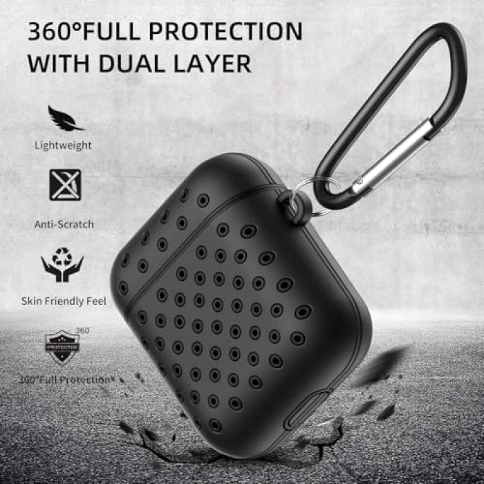 Airpods 1/2 Nesil Delikli Spor Premium Silikon Kılıf + Karabina Klipsli, Tam Koruma ve Stil Sunan Ergonomik Tasarım (Siyah-Siyah)