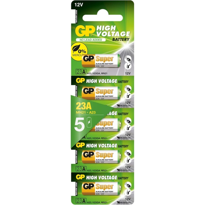 Batteries 23A Süper Alkalin 23A/MN21/V23GA Boy Pil, 12 Volt, 5li Kart, Bakır/Beyaz/Yeşil