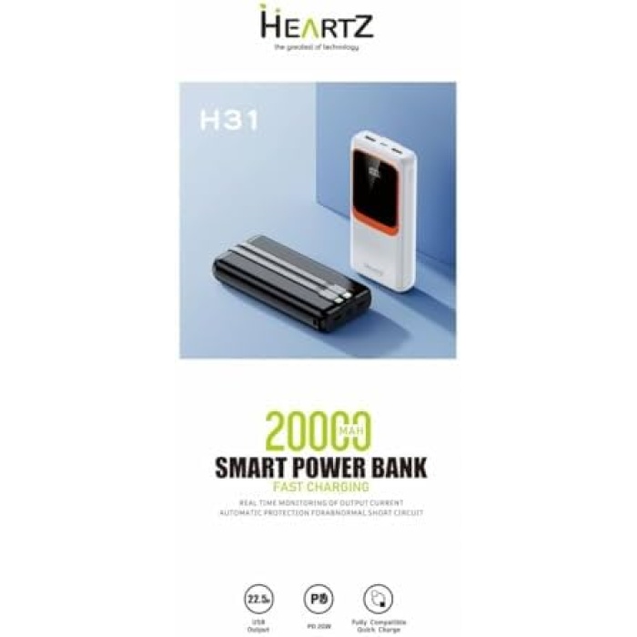 H31 20000 MH PD 20W ve USB 22.5W FAST HIZLI ŞARJ DAHİLİ TYPE C VE LİGHTNİNG KABLOLU DÜNYA STANDARTLARINA UYGUN POLYMER BATARYA BİREBİR AMPER LCD GÖSTERGELİ POWERBANK (BEYAZ)