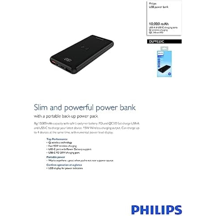 DLP9520C/00, 10,000mAh Power bank PD, QC, Wireless Şarj