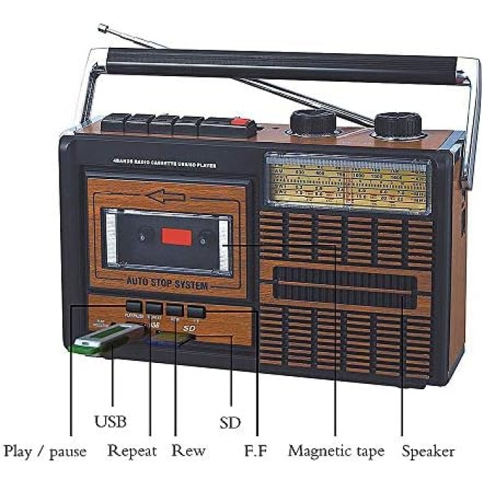 Yeni Nesil Radyo USB SD FM Bluetooth Kaset Çalar Müzik Kutusu Retro El Tutamaçlı Taşınabilir