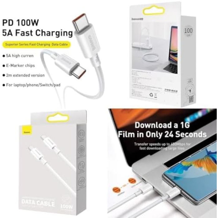 Superior Hızlı Şarj Özellikli 100W Type-C to Type-C Kablo 1m-Beyaz