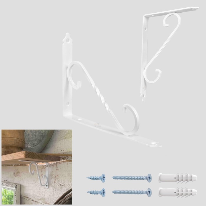 2-Adet Beyaz Ferforje Raf Altı Metal L Ayak 11 x 15.5 cm - Dekoratif Demir Raf Ayağı Konsolu - Raf Tutucu Duvar Montaj Askı Aparatı - Çiçek Çiçeklik Saksı Asma Aparatı