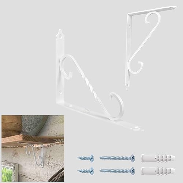 2-Adet Beyaz Ferforje Raf Altı Metal L Ayak 11 x 15.5 cm - Dekoratif Demir Raf Ayağı Konsolu - Raf Tutucu Duvar Montaj Askı Aparatı - Çiçek Çiçeklik Saksı Asma Aparatı