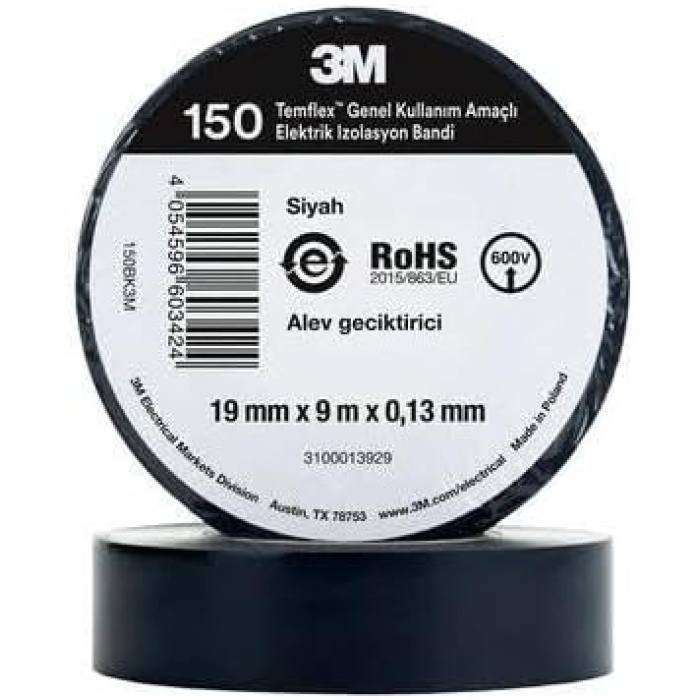Plus PX-3MPZ 3M Siyah 3M İzole Bant (Elektrik Bandı), Yüksek Isıya Dayanaklı izole Bant 10lu Paket