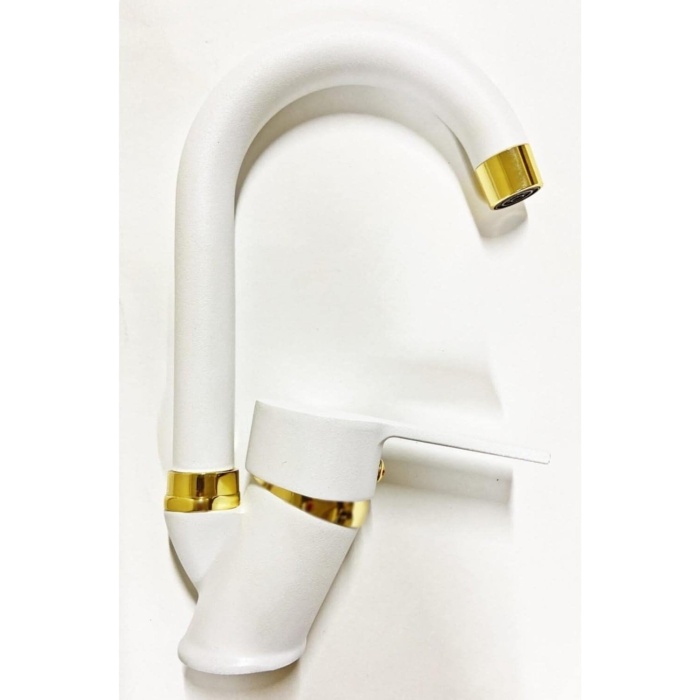 Beyaz Gold Banyo Lavabo Musluğu Bataryası Çift Su Girişli