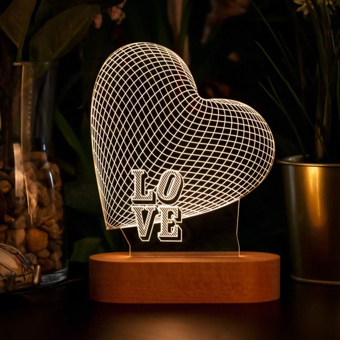 Yazılı 3 Boyutlu LED Masa Lambası - USB Bağlantılı Sarı Işık