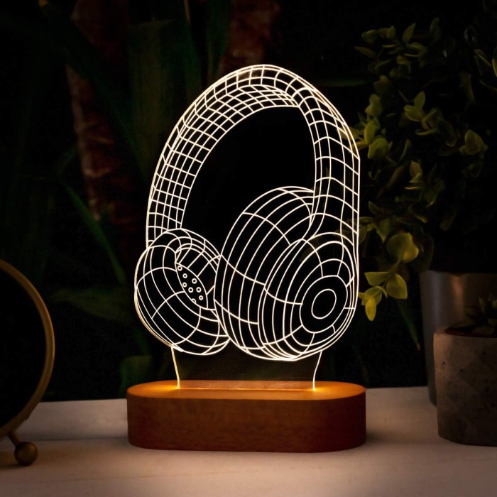 İçin Kulaklık 3 Boyutlu LED Masa Lambası - USB Bağlantılı Sarı Işık