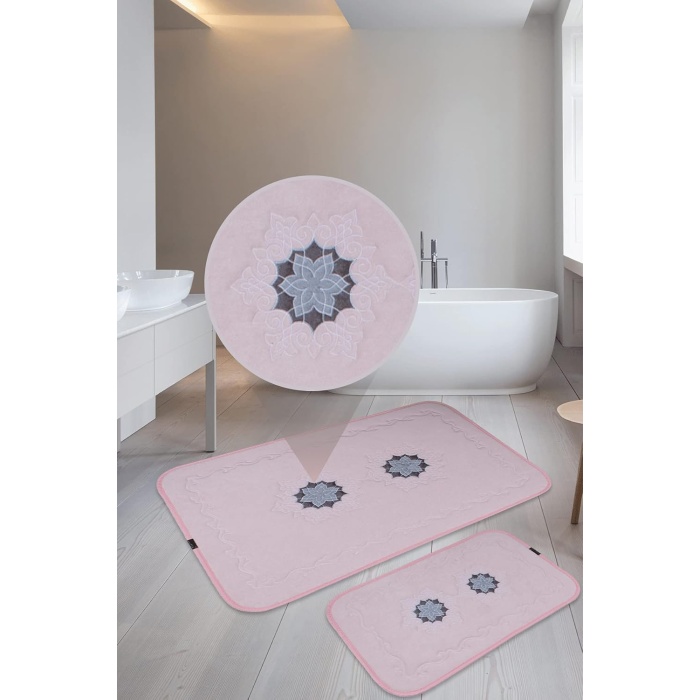 2li Banyo Paspası Büyük Boy Klozet Takımı Halısı Kaymaz Yumuşak 110x80 80x40 (Pudra)