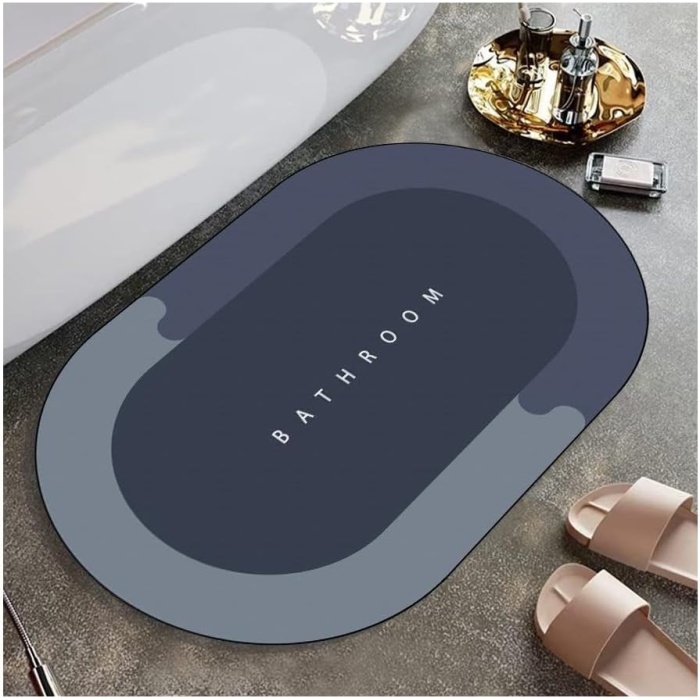 Banyo Paspası Süper Su Emici Kaymaz Tabanlı Paspas Banyo Paspası Oval Diatomit Paspas Süper Emici Paspas Oval (60x39cm) (Mavi)