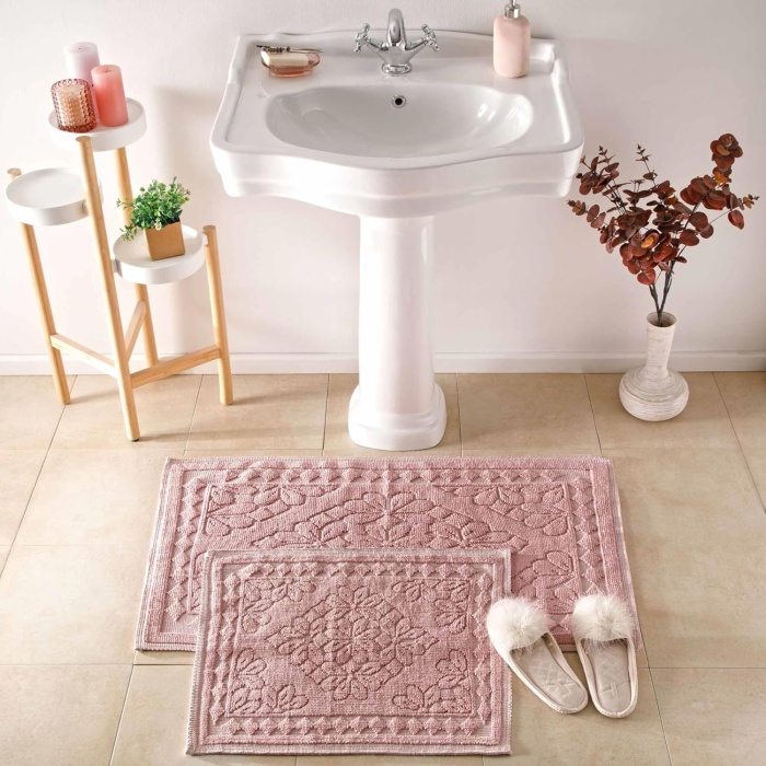 Orient Desenli%100 Pamuk Paspas Seti, Pudra, 50x60 cm - 60x100 cm