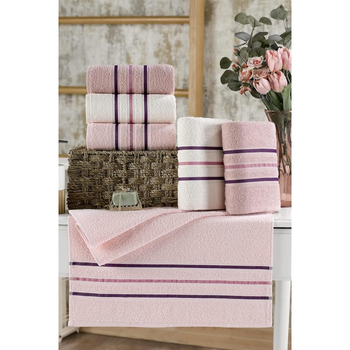 TEXTILE Lia Bordürü Pudra Serisi 6lı Havlu Seti 50x85 Pudra serisi