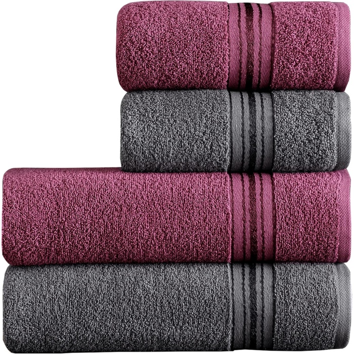 Home Molly Çift Renk Banyo Havlusu, 4lü Paket 2 Parça (70x135),2 Parça (50x85) Yumuşak ve Emici, Kaliteli Günlük Kullanıma Uygun %100 Pamuk Havlu(Mürdüm-Gri)