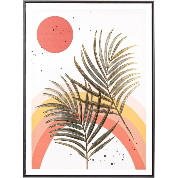 Siyah Ahşap Çerçeveli Gold Kabartmalı Palmiye Yaprağı Kanvas Tablo Bordo-Yeşil 60x3x80 Cm.