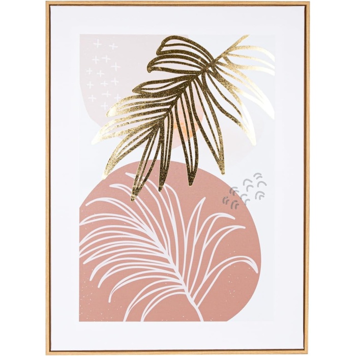 Doğal Ahşap Çerçeveli Gold Kabartmalı Palmiye Yaprağı Kanvas Tablo Somon-Kahverengi 60x3x80 Cm.