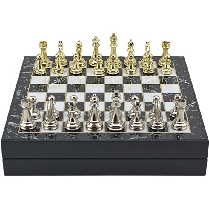 Büyük Boy Metal Klasik Satranç Tk. Parlak ve Mermer Desenli Sandıklı MDF Tahtası(36X36X6 cm.)
