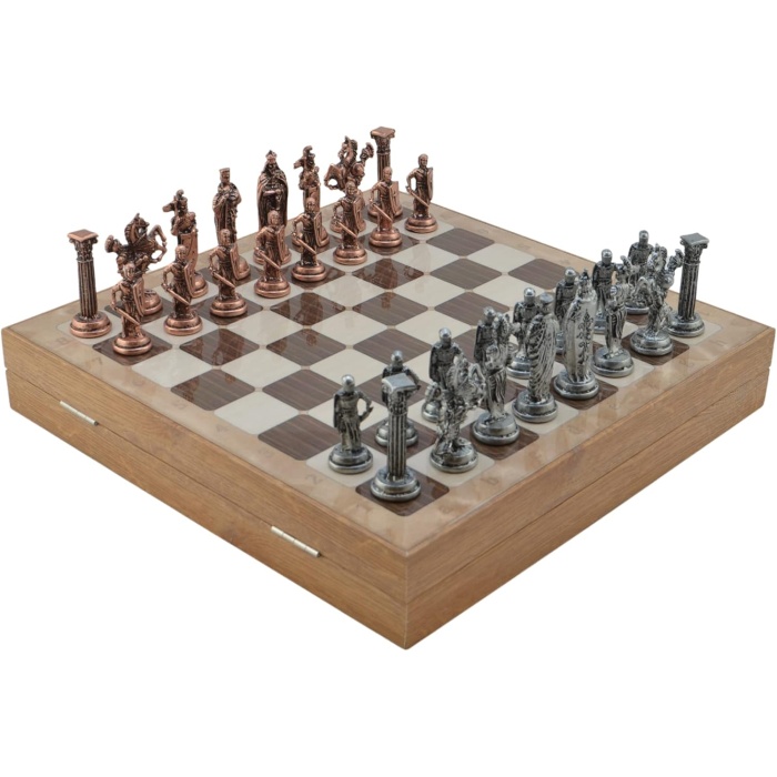 Büyük Boy Metal Osmanlı-Bizans Satranç Tk. Antik ve Mermer Desenli Sandıklı MDF Tahtası(36X36 cm.)