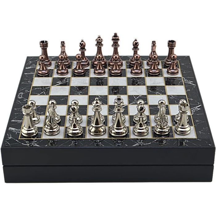 Büyük Boy Metal Klasik Satranç Tk. Antik ve Mermer Desenli Sandıklı MDF Tahtası(36X36 cm.)