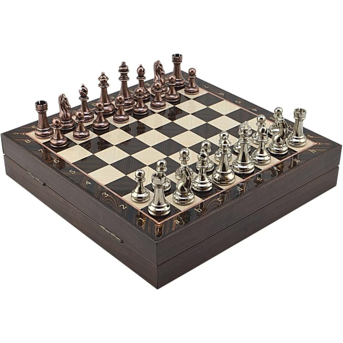 Büyük Boy Metal Klasik Satranç Tk. Antik ve Ceviz Desenli Sandıklı MDF Tahtası(36X36 cm.)