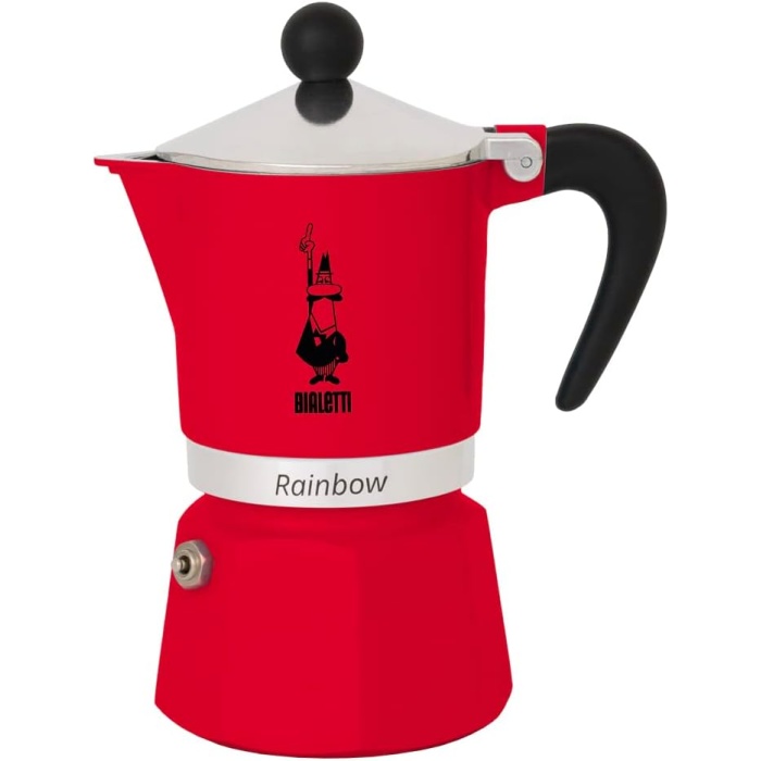 - Rainbow: 3 Cups Ocak Üstü Espresso Pişirici - 130ml - Kırmızı Renk - Alüminyum Gövde - Patentli Güvenlik Valfi - Tüm Ocak Türleri İçin Uygundur (İndüksiyon Hariç)