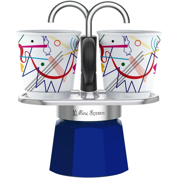 Set Mini Express Ocak Üstü Espresso Pişirici +2 Cups Kandinsky Serisi, Mavi