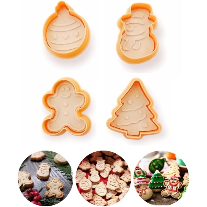 Şekilli Adam Çam Ağacı Basmalı Kurabiye Kalıbı Gingerbread Man Desenli Şeker Hamuru Kesici Aparat (Konsept 1, Krem-Turuncu)