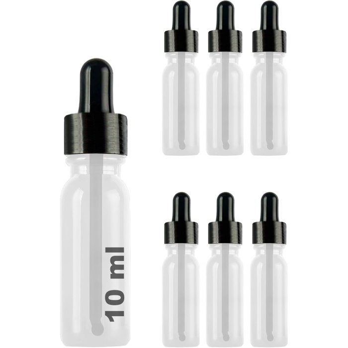 10 ml Metal Kapaklı Damlalık Dropper Şişesi Serum 10 cc Cam Şişe 6 Adet (Siyah Kapak, Şeffaf)