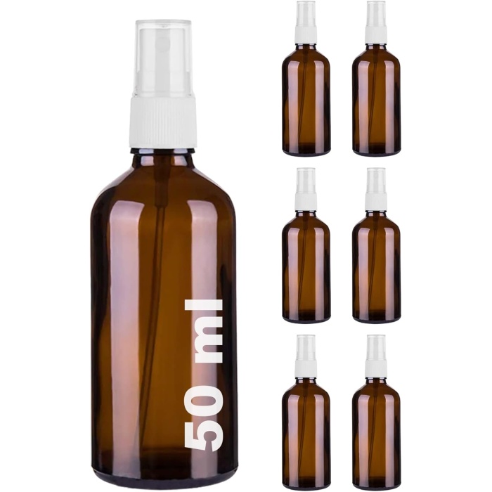 50 ml Beyaz Spreyli Amber Cam Şişe 50 cc Sızdırmaz Kapaklı Fısfıs Kahverengi Cam Şişe 6 Adet