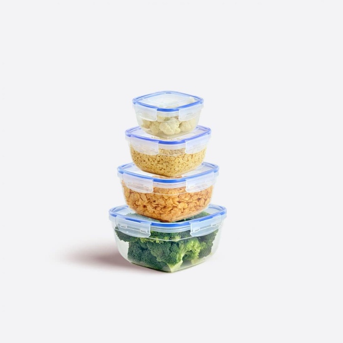 4 Parça Contalı Kare Saklama Kabı Seti - Hava Geçirmez, Kilitli, Modüler Tasarım, 500/900/1500/2400 ml Gıda Saklama Kabı, Mutfak Düzenleyici