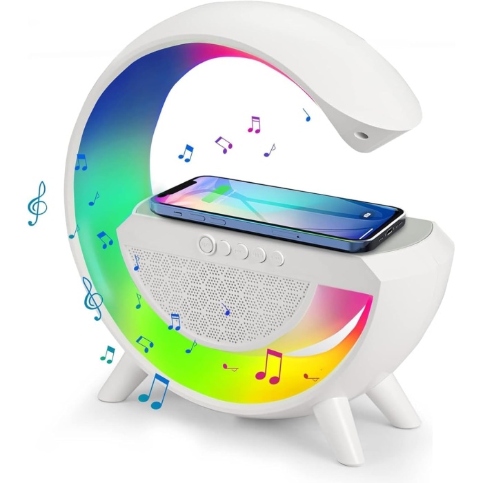 LED Taşınabilir Bluetooth Hoparlör, Kablosuz Şarj Standı, Zamanlayıcı ve RGB Gece/Masa Lambası