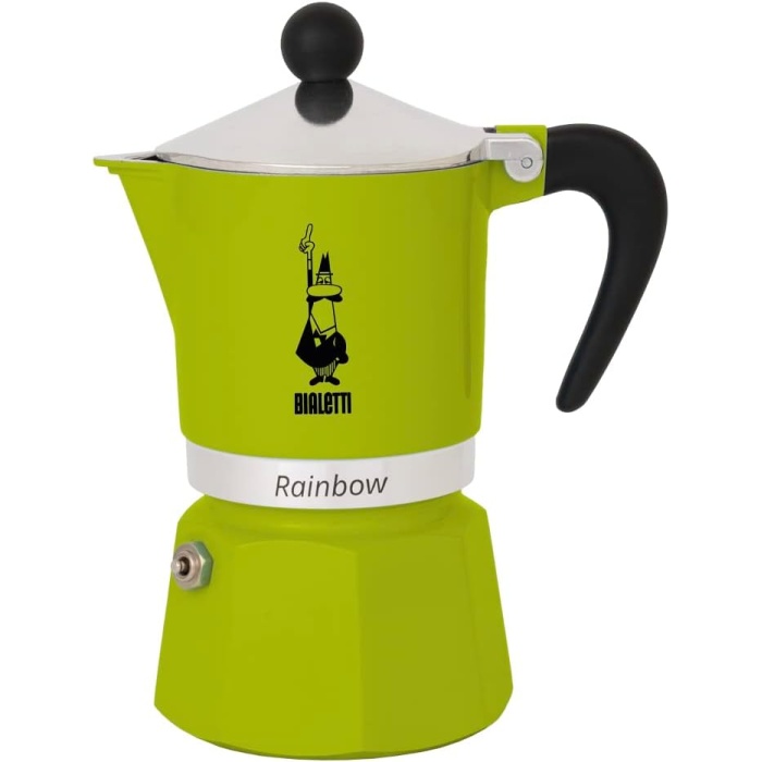 - Rainbow: 3 Cups Ocak Üstü Espresso Pişirici - 130ml - Yeşil Renk - Alüminyum Gövde - Patentli Güvenlik Valfi - Tüm Ocak Türleri İçin Uygundur (İndüksiyon Hariç)
