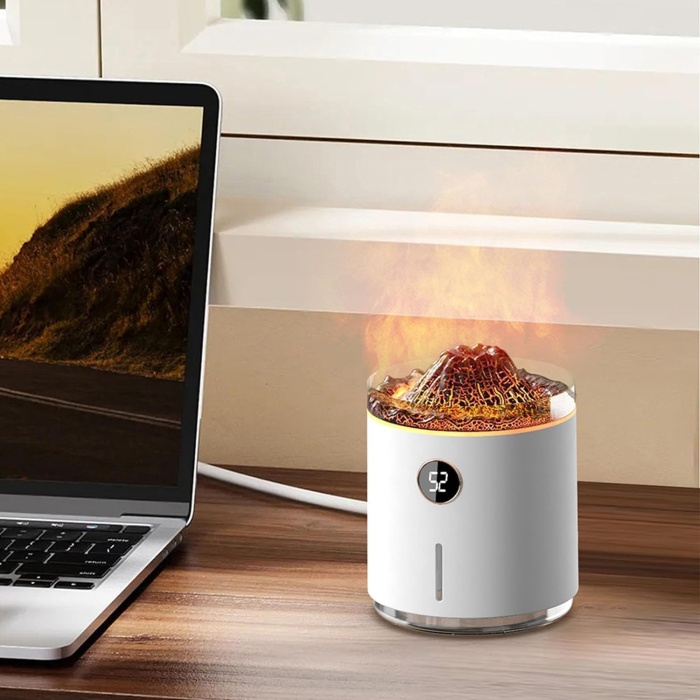 Volkanik Efektli Şarjlı Hava Nemlendirici Yatak Odası Oturma Odası için Akıllı Aromaterapi Mist Difüzör, Simüle Alev Şekli, Görsel Büyü