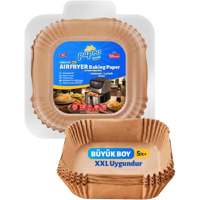 Airfryer Pişirme Kağıdı, Fritöz Yağlı Kağıdı, Yanmaz Kağıt XXL Uyumlu 50 Adet (Kare) (1, Kare Büyük Boy 20x20)