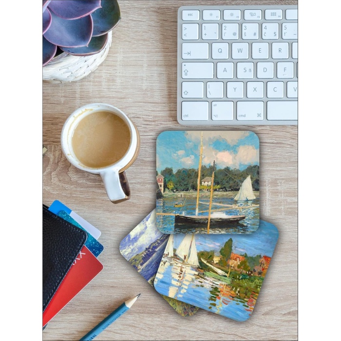 Claude Monet Temalı Ahşap Bardak Altlığı Ahşap Baskılı Altlık 6lı set (9 x9CM) karbonNM20