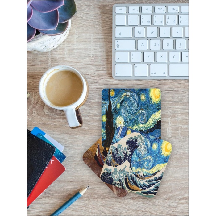 Van Gogh Temalı Ahşap Bardak Altlığı Ahşap Baskılı Altlık 6lı set (9 x9CM) karbonNM14
