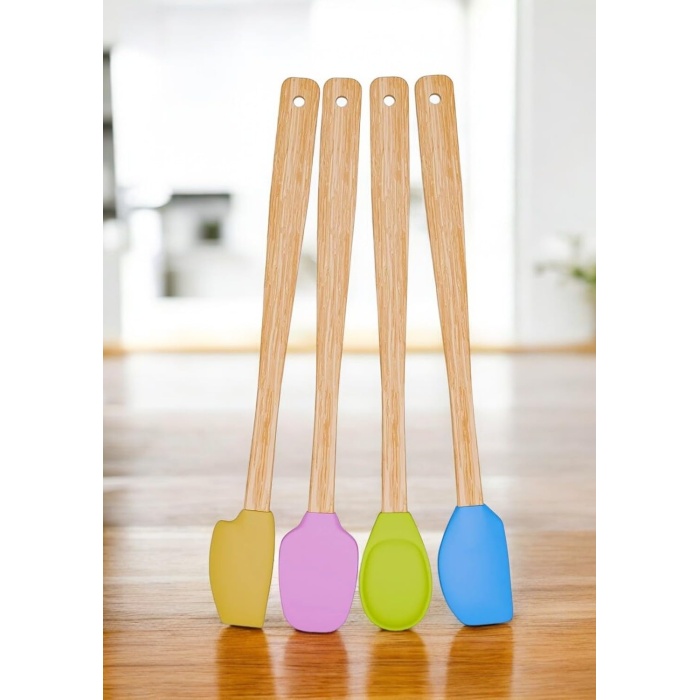 4 Adet 4 Renk Ahşap Saplı Pastel Renkli Isıya Dayanıklı Silikon Spatula Seti Mutfak Seti Renkli Kaşık Spatula Mavi Sarı Pembe Yeşil