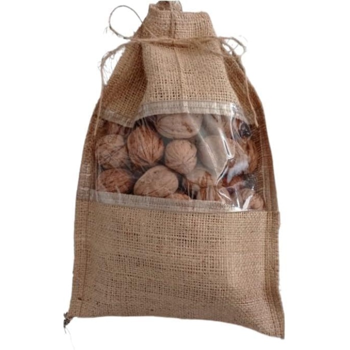 Ceviz Çuvalı, Organik Çuval, Naturel Kuruyemiş Çuvalı, Keten Çuval, Dekoratif Organik Çuval, Şeffaf Pencereli, 21 Cm-32 Cm, 10 Adet, 1 Kg Ürün Taşır.