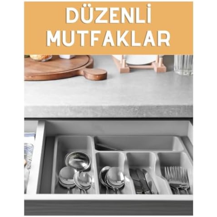 5 Bölme Çekmece Içi Kaşıklık Organizer Çatal Kaşık Bıçak Düzenleyici Pratik Kepçe 33x35 Cm Gri Renk