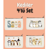 MAKYAJ ÇANTASI 4LÜ SET KEDİLER BASKILI  15 x 20 cm