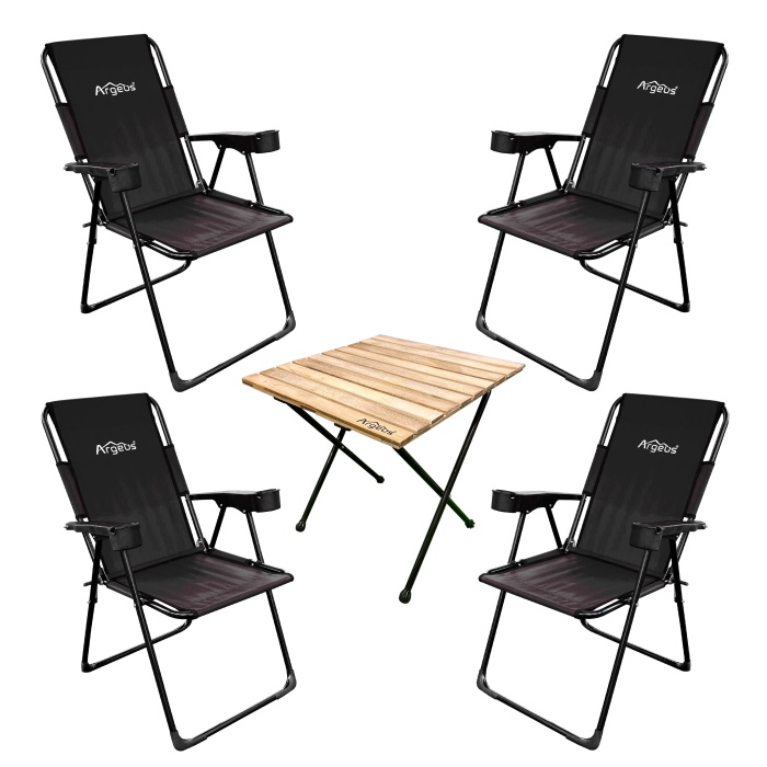 Kampçılık Argeus Rest 4lü Bardaklı Katlanabilir Sandalye ve Masa Seti - Siyah