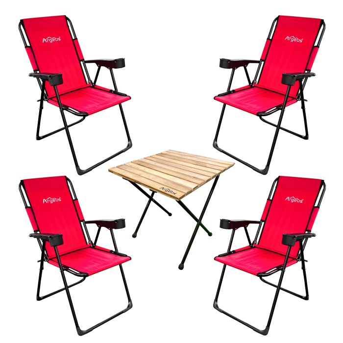 Kampçılık Argeus Rest 4lü Bardaklı Katlanabilir Sandalye ve Masa Seti - Kırmızı