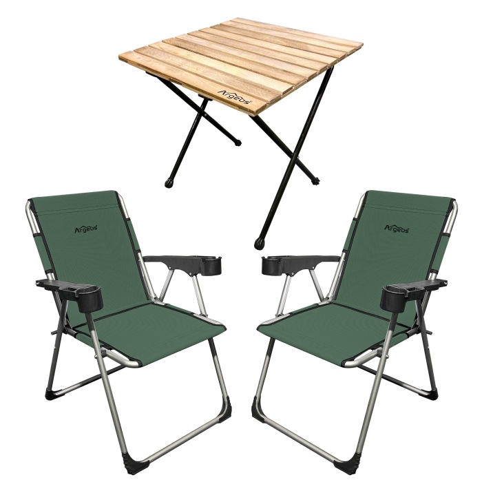 Kampçılık Argeus Rock 2li Bardaklı Katlanabilir Sandalye ve Masa Seti - Haki (A-04)