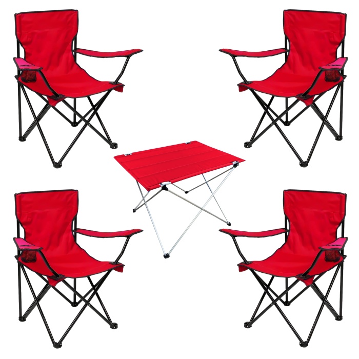 Kampçılık Savex 4lü Bardaklı Katlanabilir Sandalye ve Masa Seti - Kırmızı (DY.001)