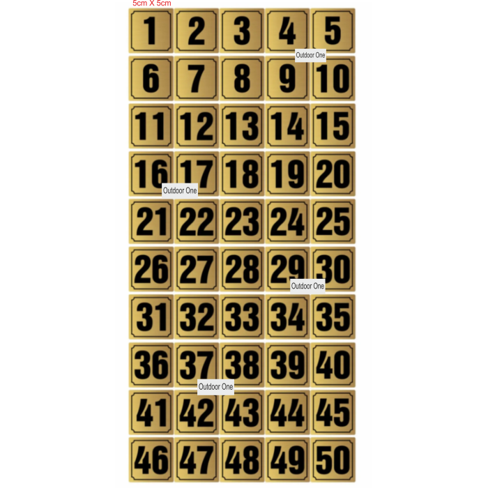 Kapı, Masa, Dolap Numarası Metal 1-50 Arası Sıralı 5x5 Cm Arkası Yapışkanlı Gold Renk 004