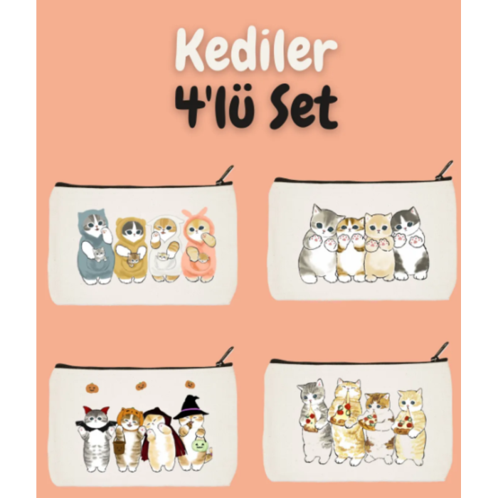 MAKYAJ ÇANTASI 4LÜ SET KEDİLER BASKILI  15 x 20 cm